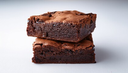 two gooey chocolate brownies stacked with rich moist texture on white background