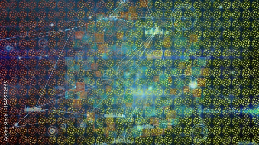 Poster on playback network unfolding squares bar charts pulsing lines rerouting showing data change