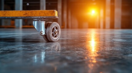 This image showcases a close-up view of a trolley wheel in a warehouse, highlighting the smooth finish of the floor and the bright light illuminating the setting.