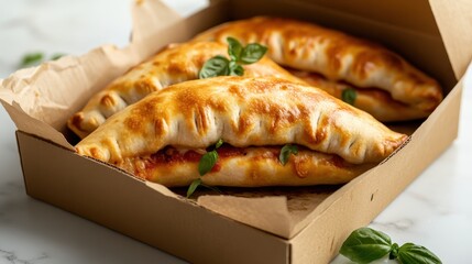 A tempting display of calzones in a rustic cardboard box, garnished with fresh basil. This image showcases culinary delight and the comforting experience of homemade food.