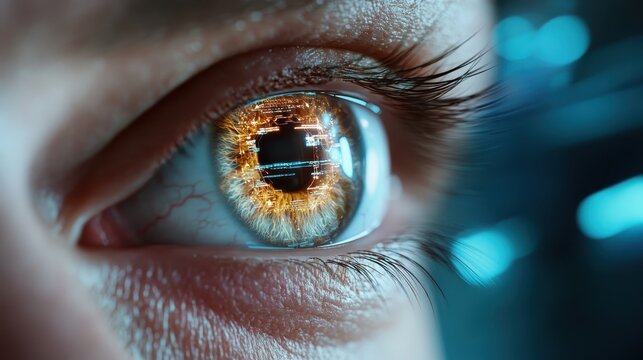 A close-up of a human eye reveals a high-tech digital reflection of data streams within, representing the merging of humanity with advanced technology and innovation.