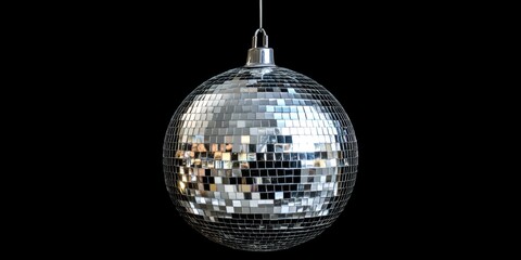 Obraz premium Chrome disco ball shining silver, metallic, reflective, round, symmetrical, glittering, sparkling, celebratory, elegant, circular, festive, lustrous, ornate, polished, disco light fixture, dance party