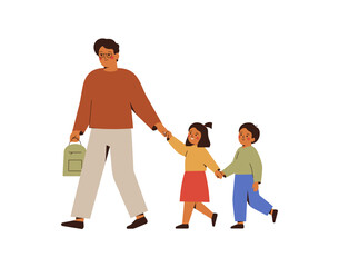 Father accompany his children to school. Asian Man hold hands daughter and son and go together to kindergarten. Back to school concept. Parental control, care about kids. Vector illustration