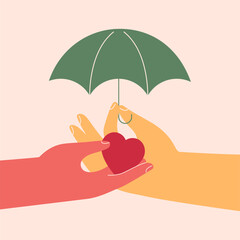 medical Insurance, life saving. health protection, security. Hand with open umbrella guarding hand with red heart. Vector illustration