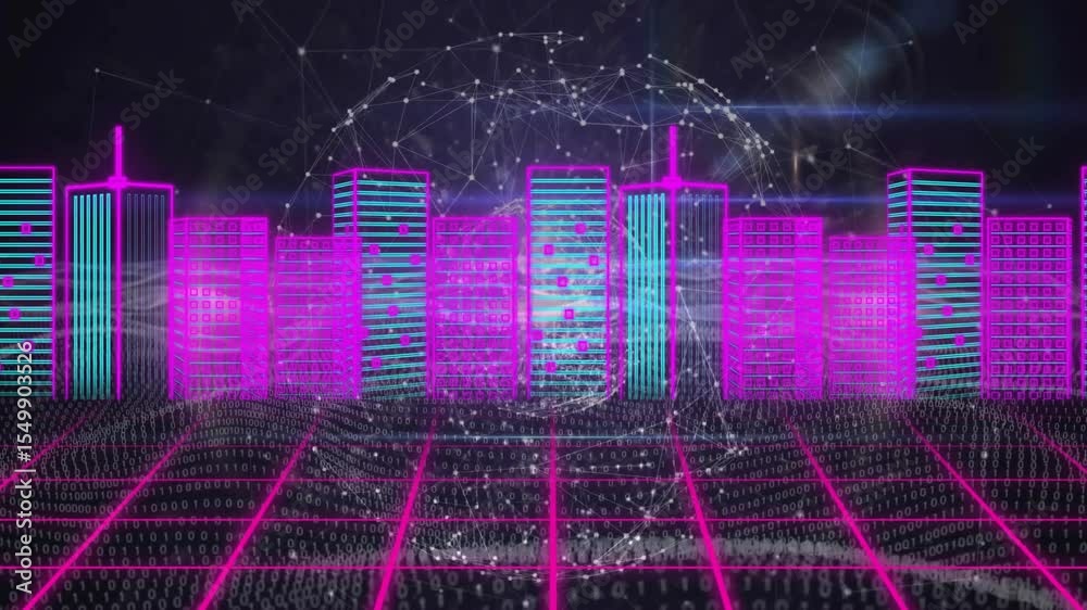 Poster sweeping grid triggers neon skyline rising, binary code swirling and globe rotating to show network