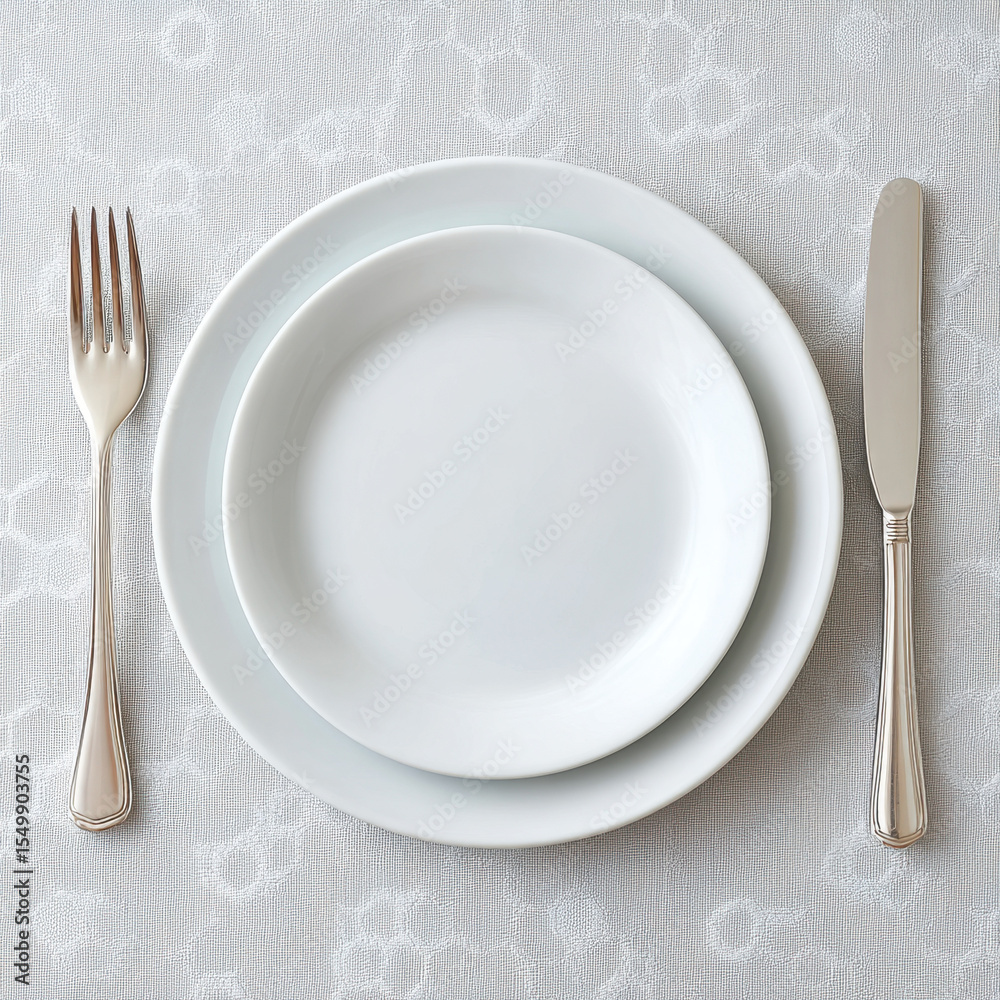 Poster Clean white plate set with fork and knife on textured white tablecloth, creating simple and elegant dining arrangement