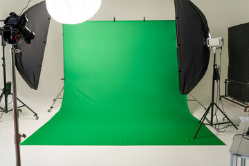 Studio setup with green screen for chroma key shooting in a professional environment