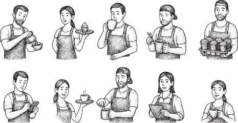 A set of detailed black-and-white illustrations featuring diverse baristas in aprons, serving coffee, holding trays, using tablets, and engaging in various cafe tasks, showcasing a lively coffee shop 