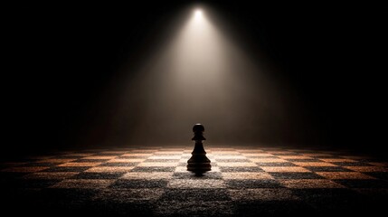 Chess pawn illuminated on an empty board in dramatic lighting