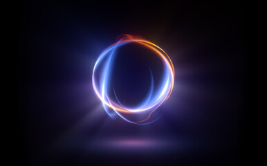 Glow swirl light effect. Circular lens flare. Abstract rotational lines. Power energy element. Luminous sci-fi. Shining neon lights. Swirl trail effect. Dynamic ellipse. Neon gradient. Purple illusion