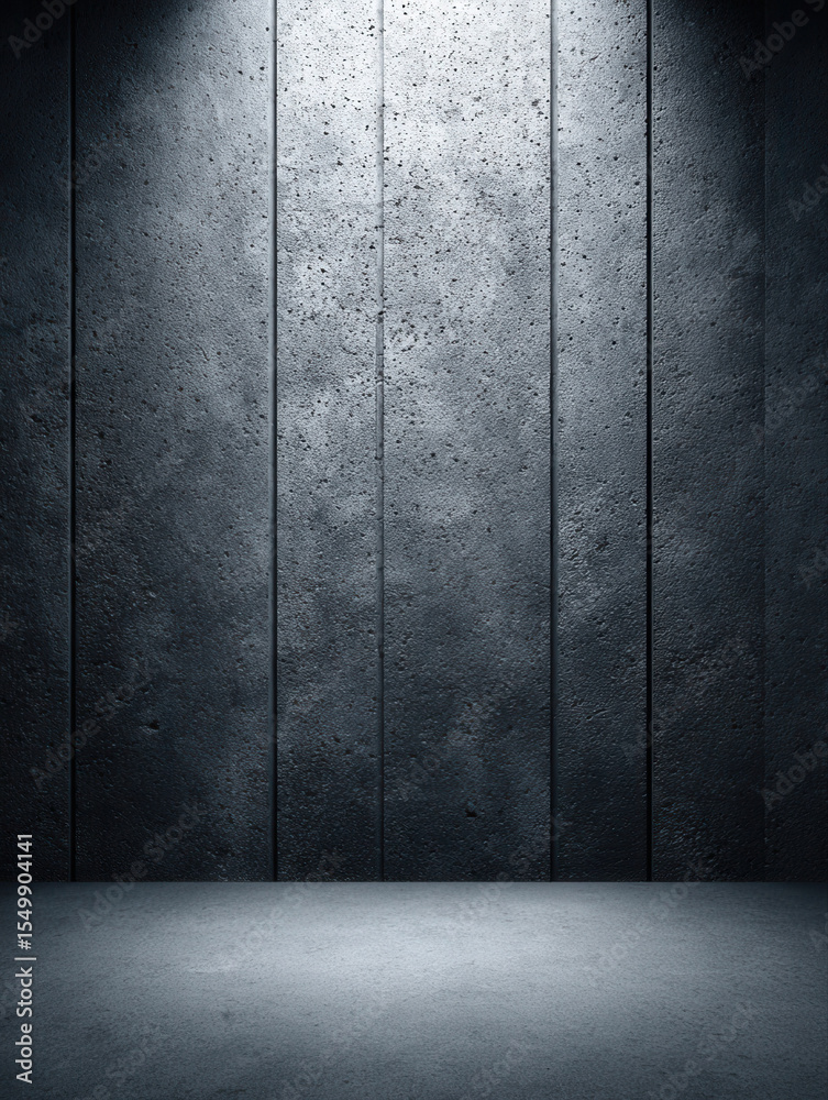 Poster dark textured concrete wall with moody vertical panels and smooth floor illuminated by soft light