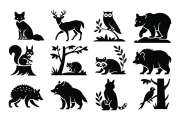 Naklejka premium Black Silhouette Wildlife Icons Set Fox Deer Owl Bear Raccoon Squirrel Porcupine