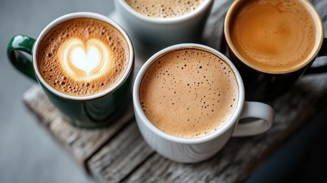 A collection of beautifully crafted coffee cups featuring intricate latte art designs, showcasing the warmth and comfort coffee brings to daily life.