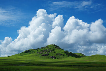 Obraz premium Vast green rolling hills under a dramatic sky with large fluffy white clouds