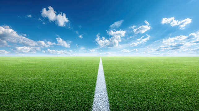 Empty clean soccer field sideline shot from low angle with vibrant green grass under bright blue sky with scattered clouds