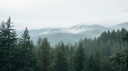 Misty pine forest landscape with rolling hills and soft fog