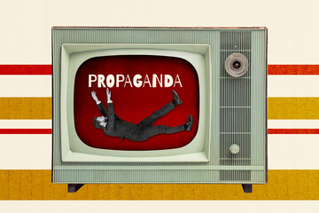 Art image full 3d photo collage of shocked guy fall television screen propaganda fake news...