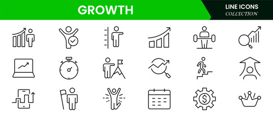 Bold vector web line icons depicting growth, success, achievement, progress, innovation, and thriving business development milestones.