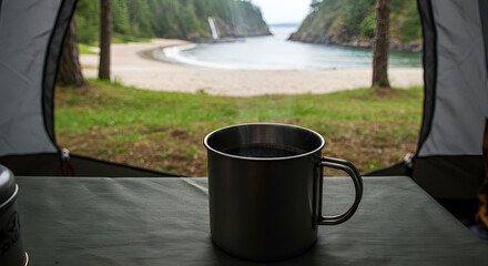 a hot coffee in a tin camping mug on a fabric-covered wooden table, inside a tent near pine trees, white sand and grass outside-Picsart-AiImageEnhancer