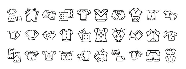 Clothing Line Icons – Fashion Wear, T-Shirts, Pants, Skirts, and Apparel Symbols