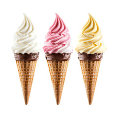 three soft serve ice cream cones isolated on transparent white background, clipping path
