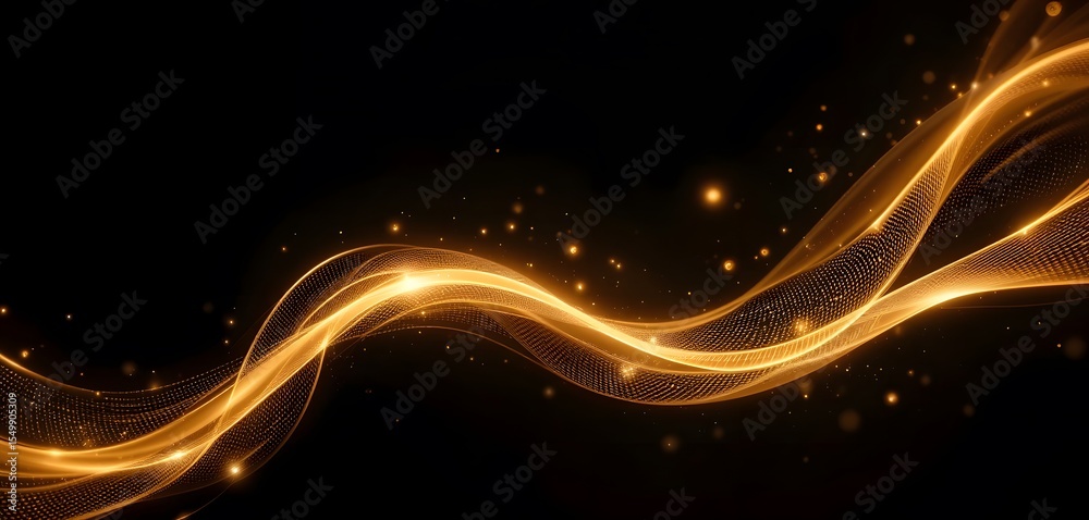 Poster Golden Flowing Abstraction, A Radiant Dance Of Light. Elegant Lines Twirl, Creating A Warm, Sophisticated Effect. Glowing Orbs Enhance The Design. Perfect For Modern Digital Projects.