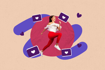 Creative poster collage of person run surround media likes on pastel color background