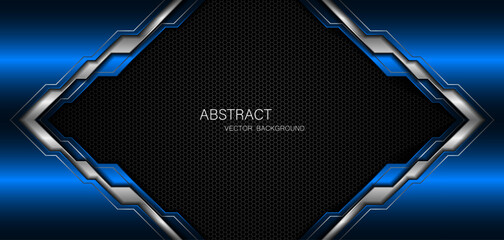 Abstract blue and silver polygons on dark steel mesh background. with free space for design. modern technology innovation concept background	