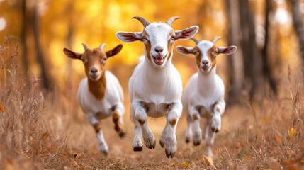 Naklejka premium Three lively goats frolic through a sunlit forest, showcasing their playful spirit and natural curiosity while surrounded by the warmth of autumn foliage.