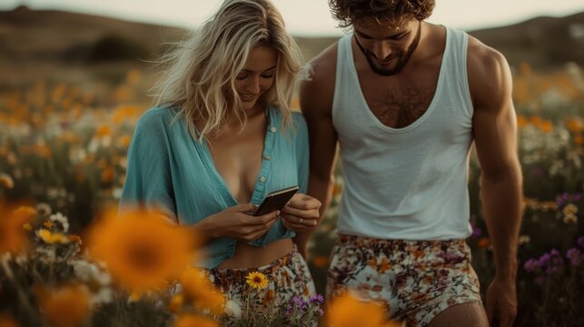 A happy couple stands in a blooming field, gazing at their smartphone while surrounded by vibrant flowers, capturing a joyful moment in their carefree, youthful life together.