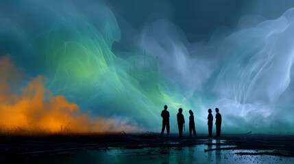 People in respiratory protective mask against air pollution and headache Suffocate. Concept of air pollution in the city. calling for urgent action to protect the environment.