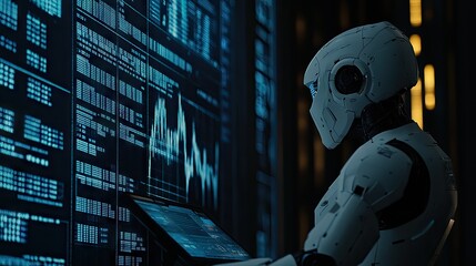 Futuristic robot analyzing data on multiple screens.