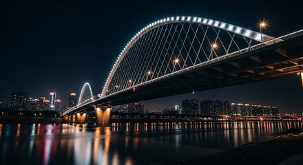 Naklejka premium Illuminated Cable-Stayed Bridge at Night with Cityscape Reflections in Calm Water
