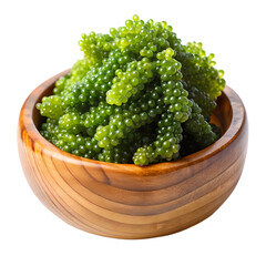 Fresh Sea Grapes in Wooden Bowl isolated on transparent baackground