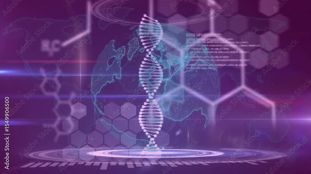 Poster platform materializing under globe starting dna helix rising and globe rotating for data display