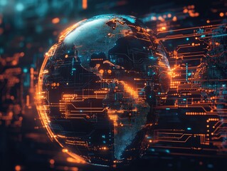 A digital representation of Earth, overlaid with glowing circuit board patterns
