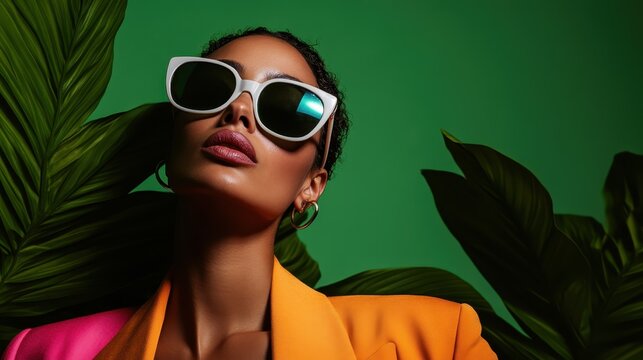 This striking image features a fashionable woman with bold sunglasses and vibrant attire, elegantly positioned against a backdrop of lush green foliage, showcasing creativity and style.