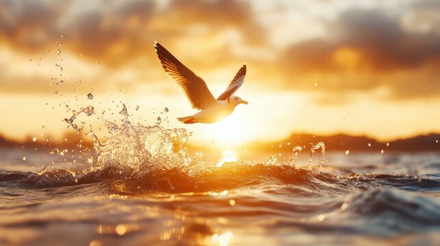 A beautiful seagull flies gracefully over shimmering ocean waves as a stunning sunset casts warm colors across the sky, evoking a sense of peace and freedom in nature.