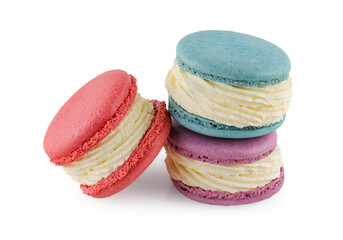Colorful macaron cakes. Small french muffins. Colorful macarons on a white background with clipping path.