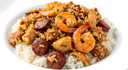 Fototapeta premium Delicious Jambalaya Recipe: Seafood, Chicken, Sausage, Rice Dish - Cajun Cuisine