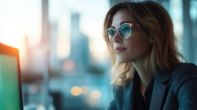 A contemplative businesswoman wearing colorful glasses is focused on her work at a modern office desk, basking in the glow of natural light and highlighting productivity and creativity. - Powered by Adobe