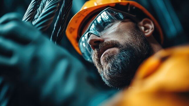 An industrious worker, clad in safety gear, focuses intently on the task at hand, highlighting the importance of safety and diligence in a demanding work environment.