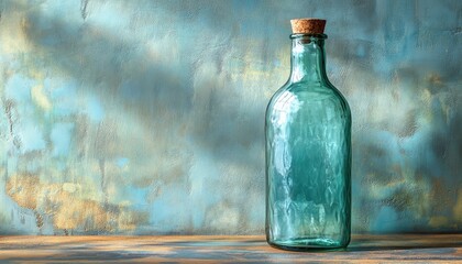 Vintage green bottle closed with cork on blue, gold painted textured backdrop. Use to showcase products, create a rustic feel or for simple decoration.