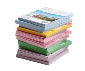 A stack of colorful brochures, flyers, and promotional materials against a black backdrop.
