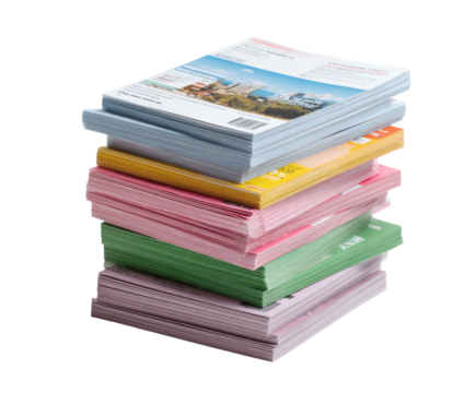 A stack of colorful brochures, flyers, and promotional materials against a black backdrop.
