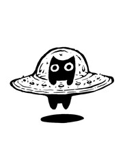 Cute black cat piloting a UFO, whimsical alien pet illustration