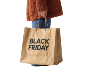 A person holding a Black Friday shopping bag, ready for a shopping spree, offering sales.