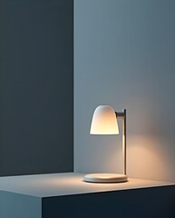 Sleek Modern Night Lamp with Cylindrical Body on Minimal Desk – Warm Glow, Silver Finish, Soft Shade, Gradient Blue-to-Grey Background for Calm, Cozy Ambience