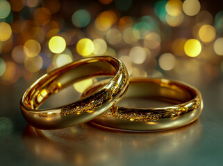 Golden wedding rings close up shot with bokeh background for marriage and engagement photography ideas