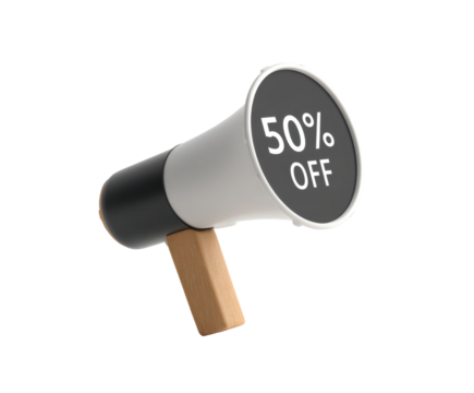 This image features a megaphone announcing a fifty percent discount, suitable for promotions.